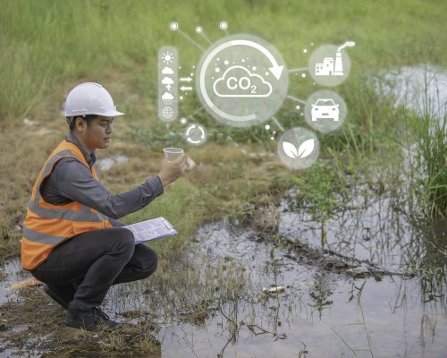 Environmental engineers inspect water quality,Bring water to the lab for testing,Check the mineral content in water and soil,Check for contaminants in water sources.